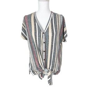 W5 Button Up Top Women Medium Grey Knit Striped V-Neck Short Sleeve Light Blouse
